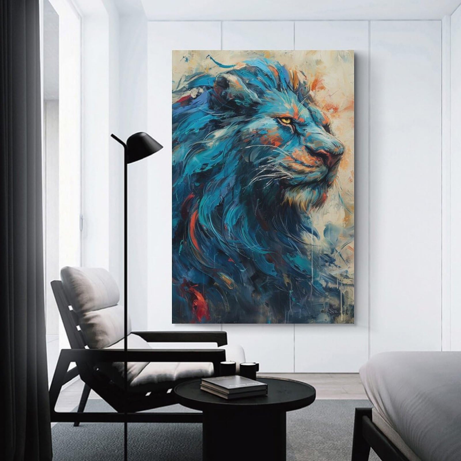 Junmoney Blue Lion Abstract Painting Wall Picture Print, 20x30inch(50x75cm), for New Homes, Bedrooms Or Workspaces, Thoughtful Wall Decor for Art Lovers