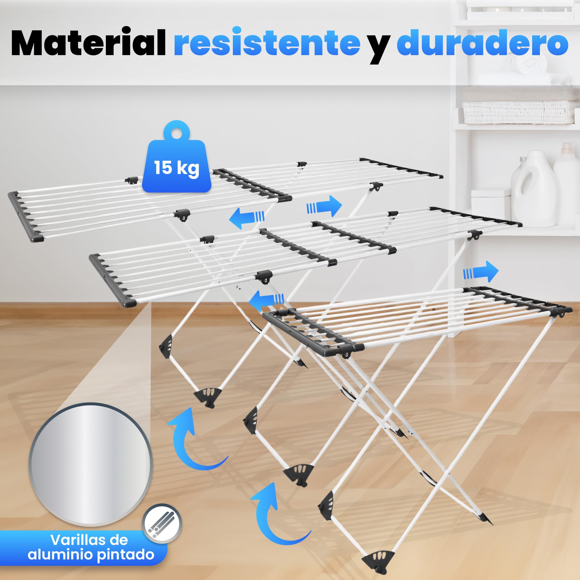 Tendedero Extensible y Plegable de Aluminio Resistente a la corrosión– Tenderete de Ropa Portátil con Capacidad de hasta 18 metros de Secado – Compacto y Resistente – Ideal Interior y Exterior