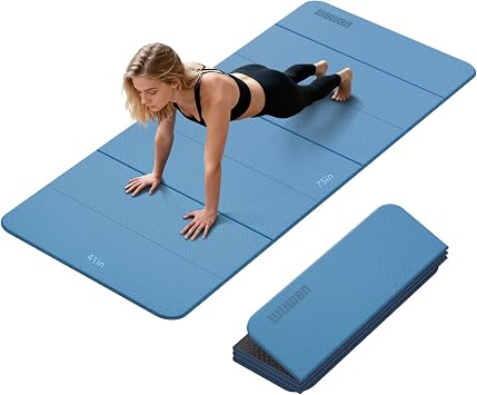 Foldable Yoga Mat Thick 10mm-WUWAN Extra Large Exercise Mat, TPE Material, Non-Slip Fitness Folding Mat Easy to Carry, Suitable for Home Workout Travel Pilates 75" x40",2/5" Blue