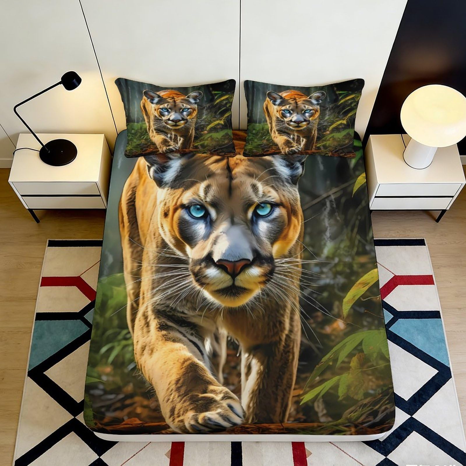 3D Printed Wild Cougar Fitted Sheet Microfiber Soft Breathable Jungle Animal Bed Cover for Bedroom Dorm Decor 90x200x25cm
