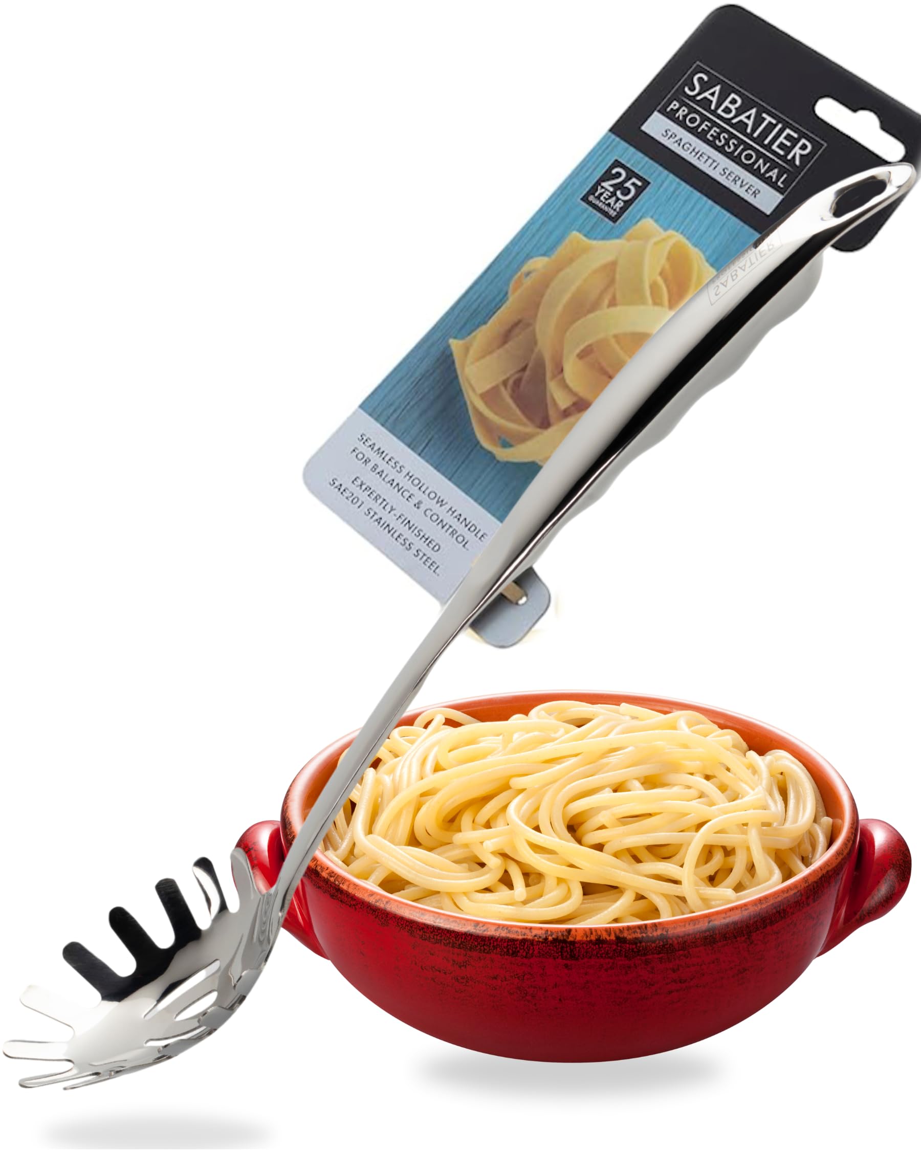 Sabatier Professional Large Metal Spaghetti Server Ladle, Mirror Polished Stainless Steel Fork Spoon to Measure