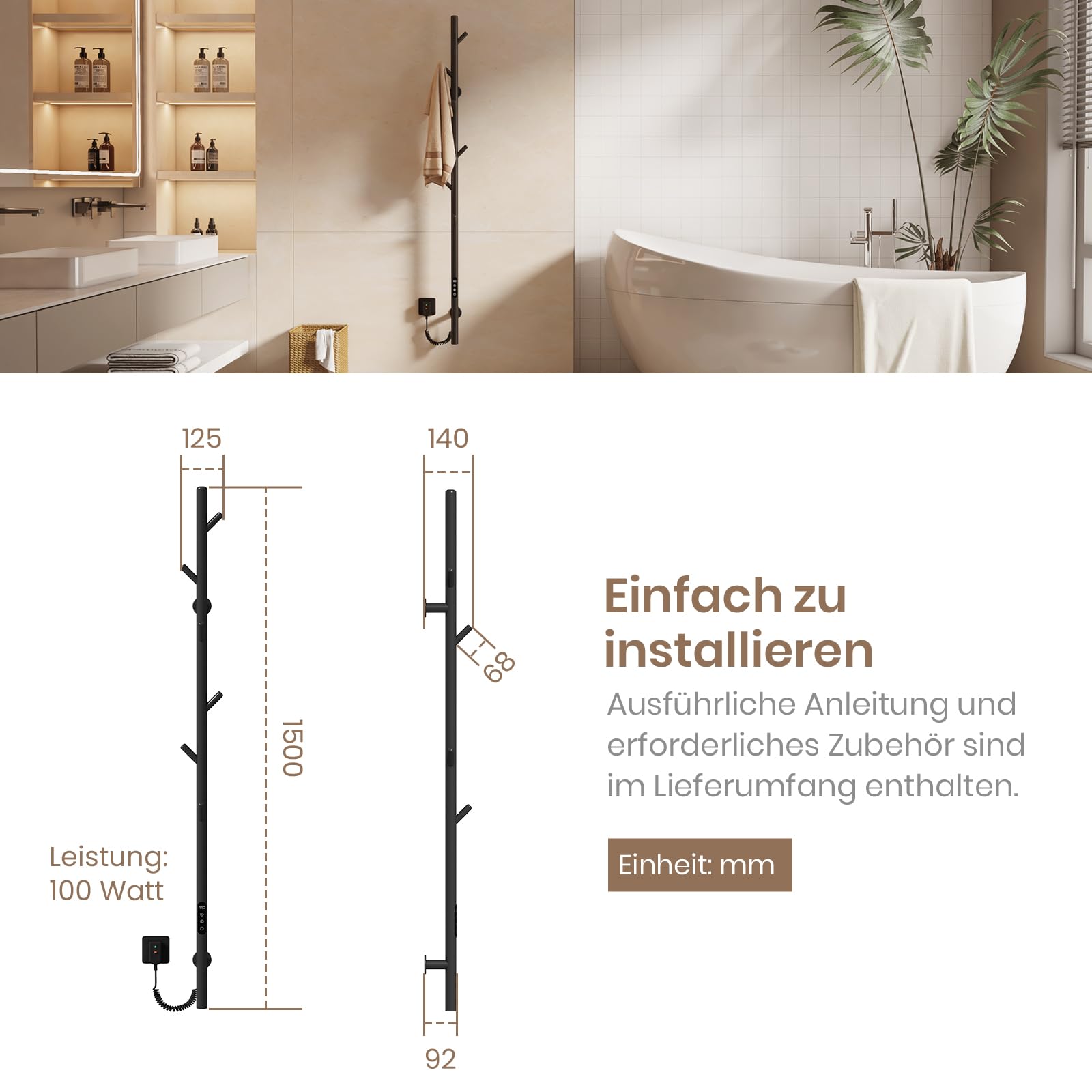 EMKE Toallero Eléctrico de baño, Diseño de toallero eléctrico con Barra, Control de Temperatura Inteligente, toallero Calefactor con 6 Ganchos, Negro