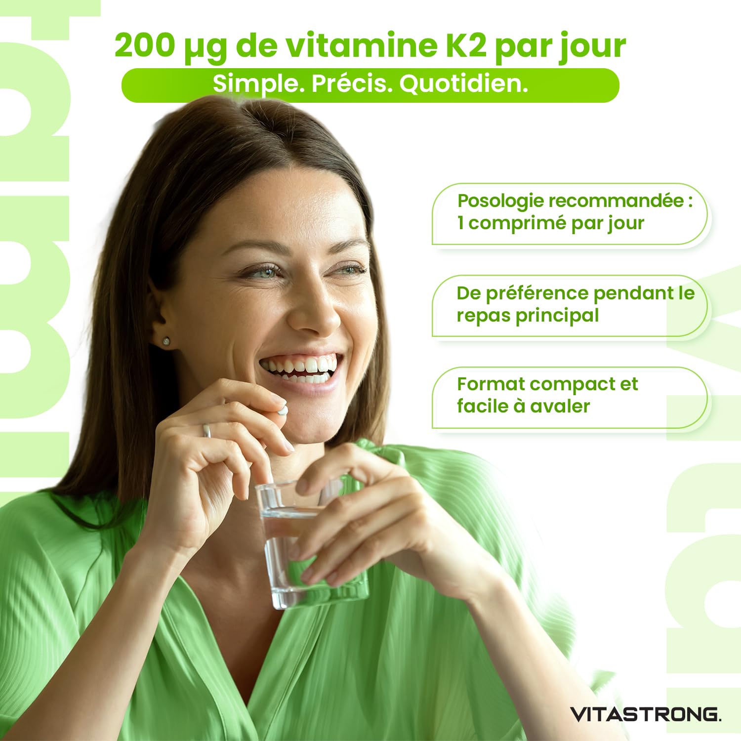 Vitamine K2 MK7 200µg Vitastrong Vegan, 1 Comprimé par Jour (Cure 15 Mois) 450 Comprimés, MK-7 All-Trans Haute Biodisponibilité, Vitamine K2 (Ménachinone), Sans Gluten, Lactose ni OGM, Qualité Premium