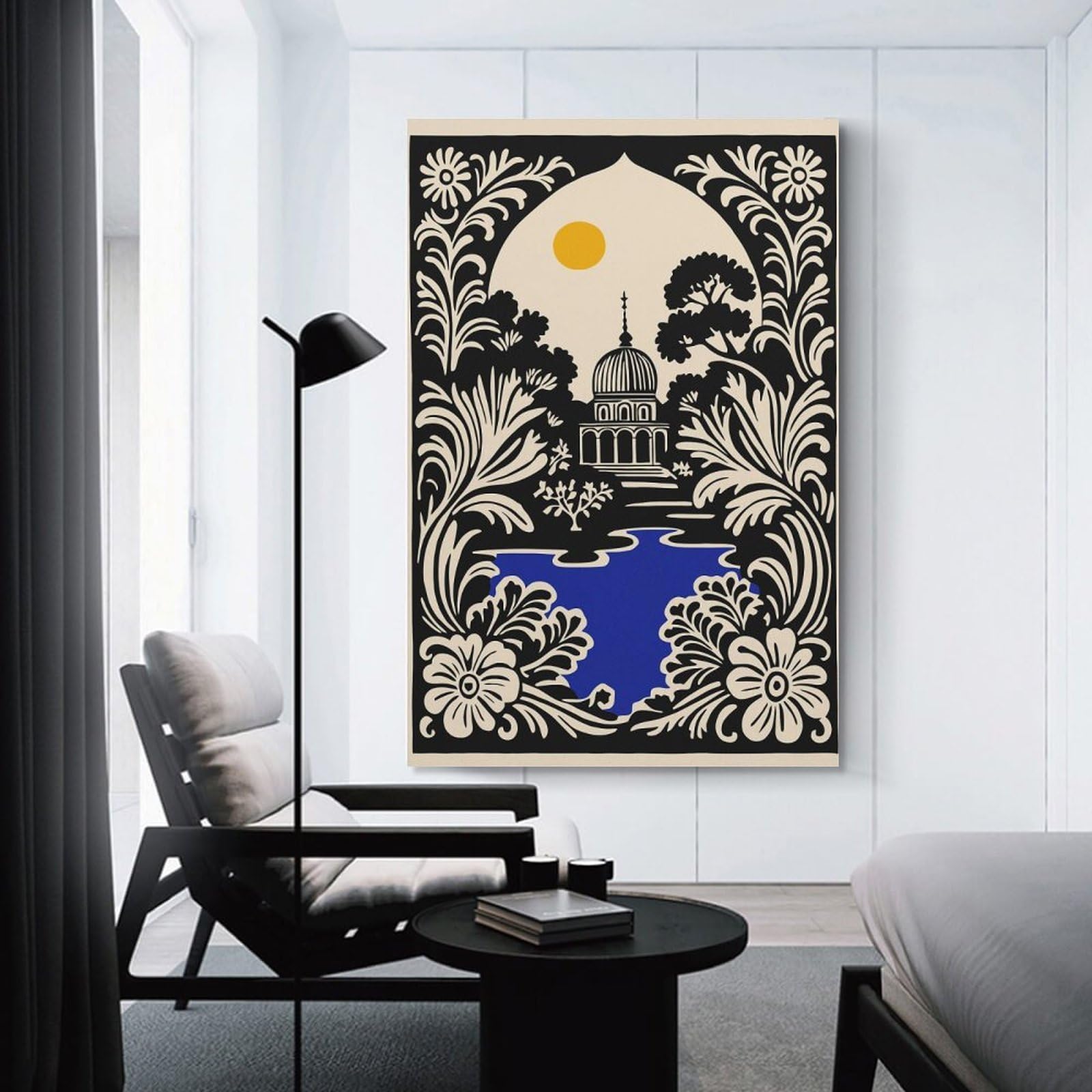 Junmoney Ornate Garden Temple Illustration Decorative Canvas Print, 16x24inch(40x60cm), for Study, Office Or Focused Interiors, Canvas Wall Decor for Creative Rooms