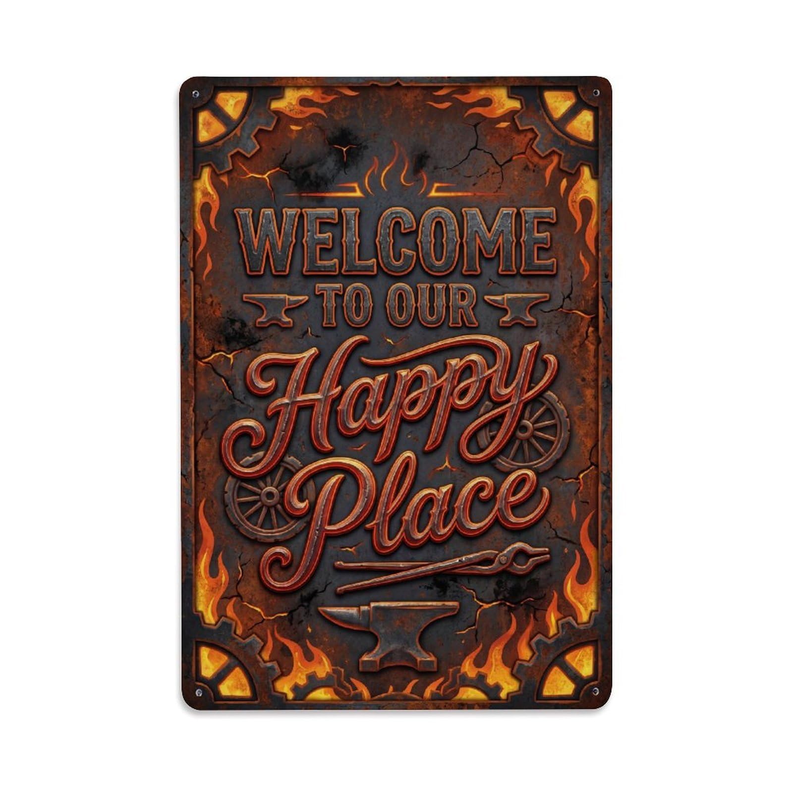 Welcome To Our Happy Place Vintage Wheelwright Forge Metal Tin Sign Plaque Wall Decor for Cafe, Club Bar, Office, Home Garden Metal Poster 8x12Inch
