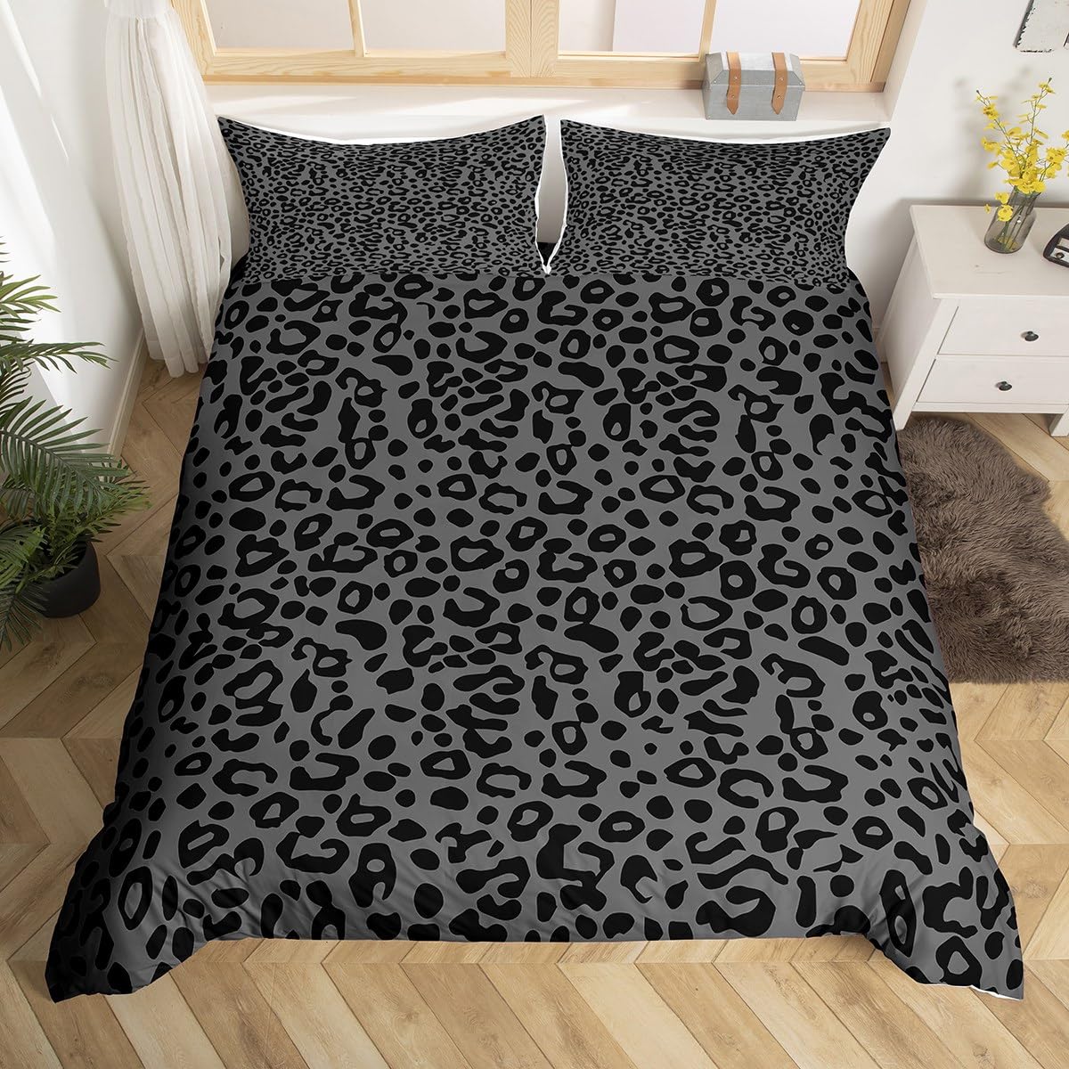 Loussiesd Black Gray Leopard Bedding Set for Girls Boys Kids Super King Size Cheetah Comforter Cover Animal Print Duvet Cover Safari Room Decor Breathable Soft Lightweight Microfiber
