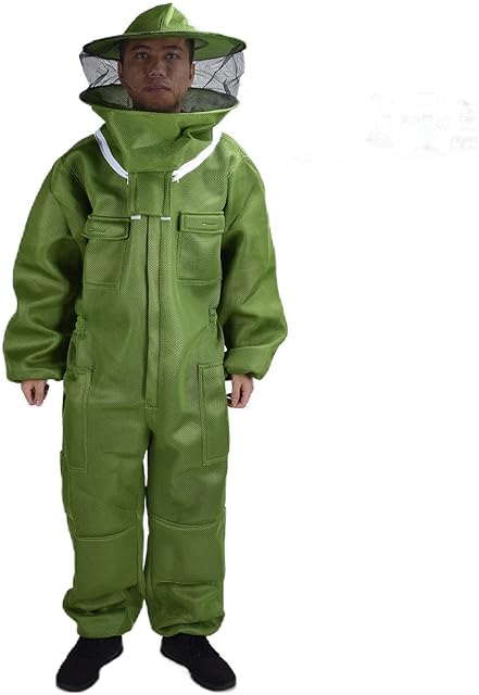 Fato de apicultura, Fato de apicultor profissional com véu redondo e bolsos para ferramentas, Fato de apicultura ventilado verde Proteção total para apicultores iniciantes e comerciais, XXXL