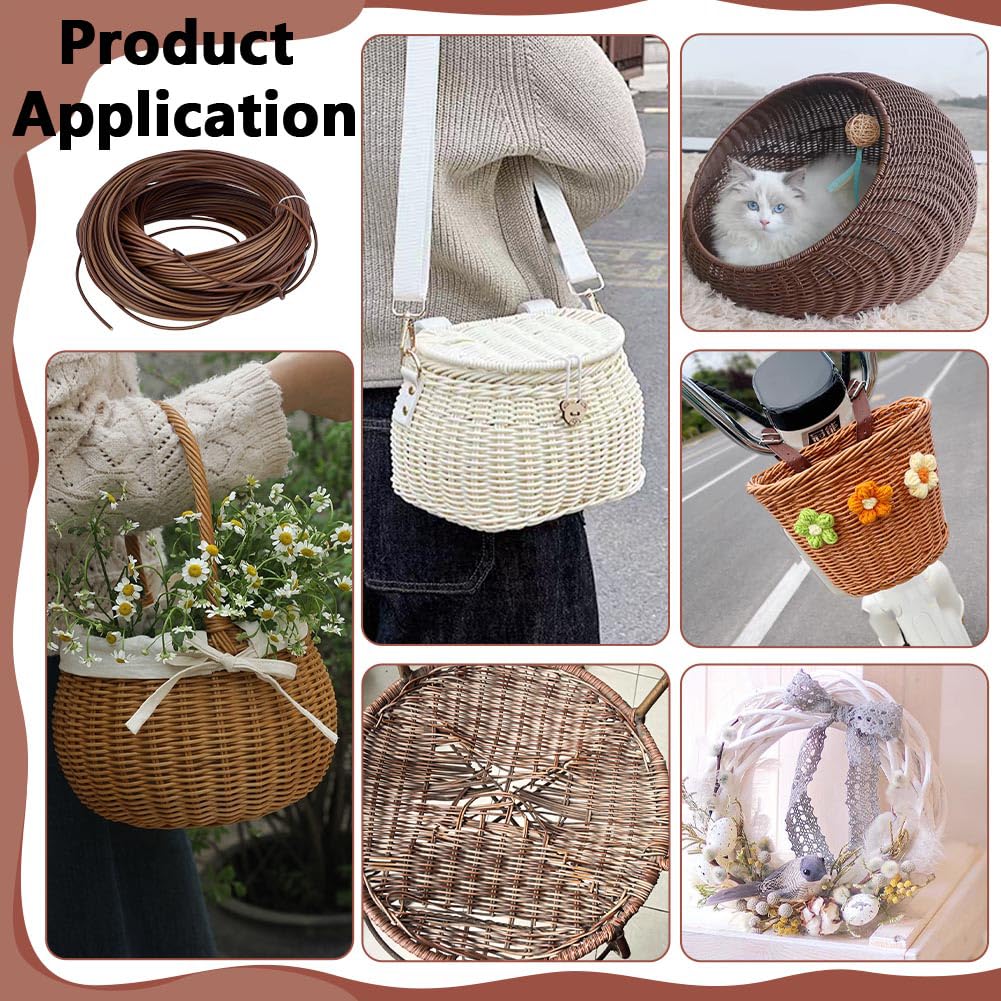 PH PandaHall Strisce di vimini da 60 m, in plastica e rattan, kit di riparazione rotonde da 3 mm, strisce in rattan marrone, strisce per lavori a maglia, per cestini, mobili da patio, fai da te