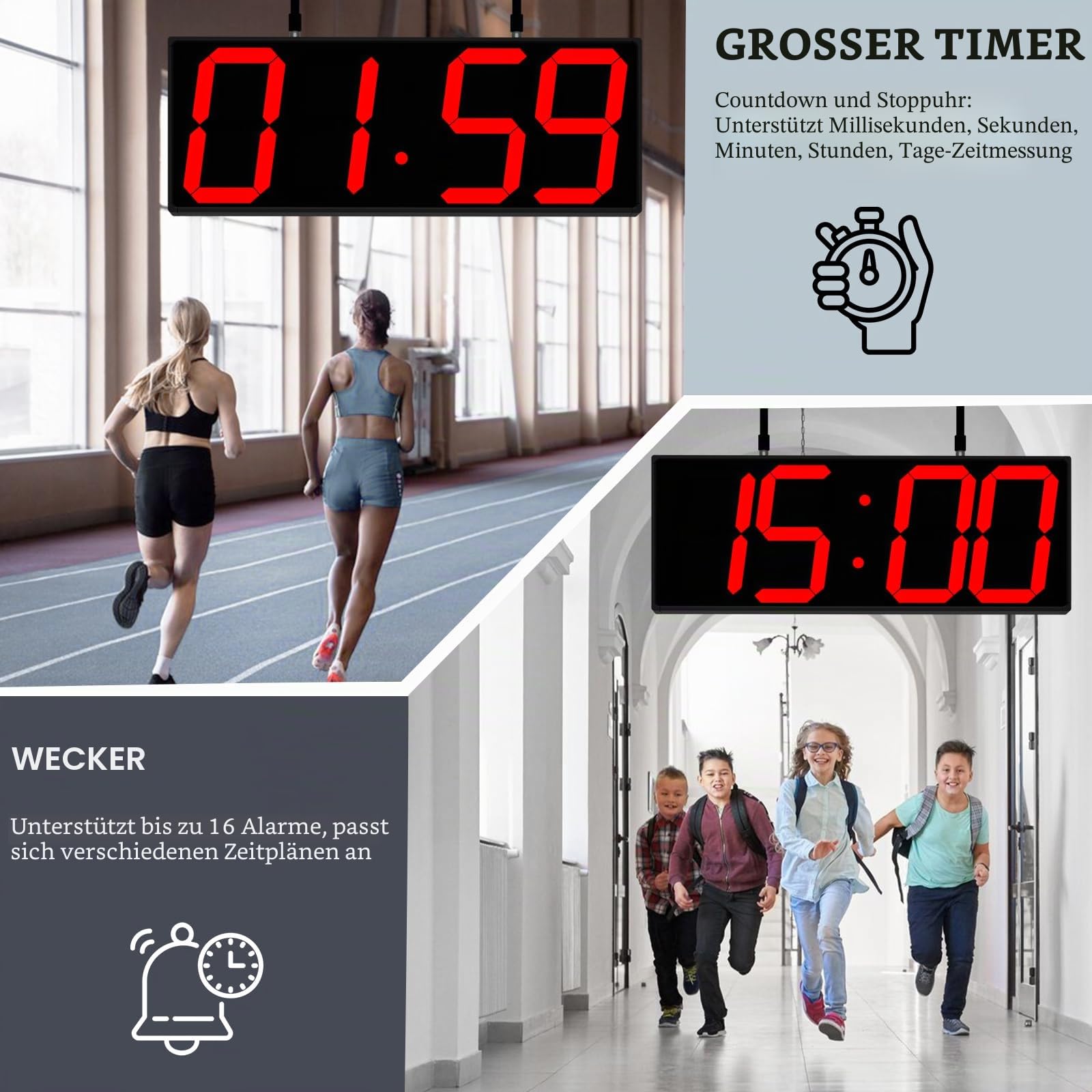 CHKOSDA Große digitale Wanduhr mit doppelseitigem Display, multifunktionale LED-Hänge-Digitaluhr mit einstellbarer Helligkeit, geeignet für Büros, Lager, Korridore, 49,5 cm (19,5 Zoll), Rot
