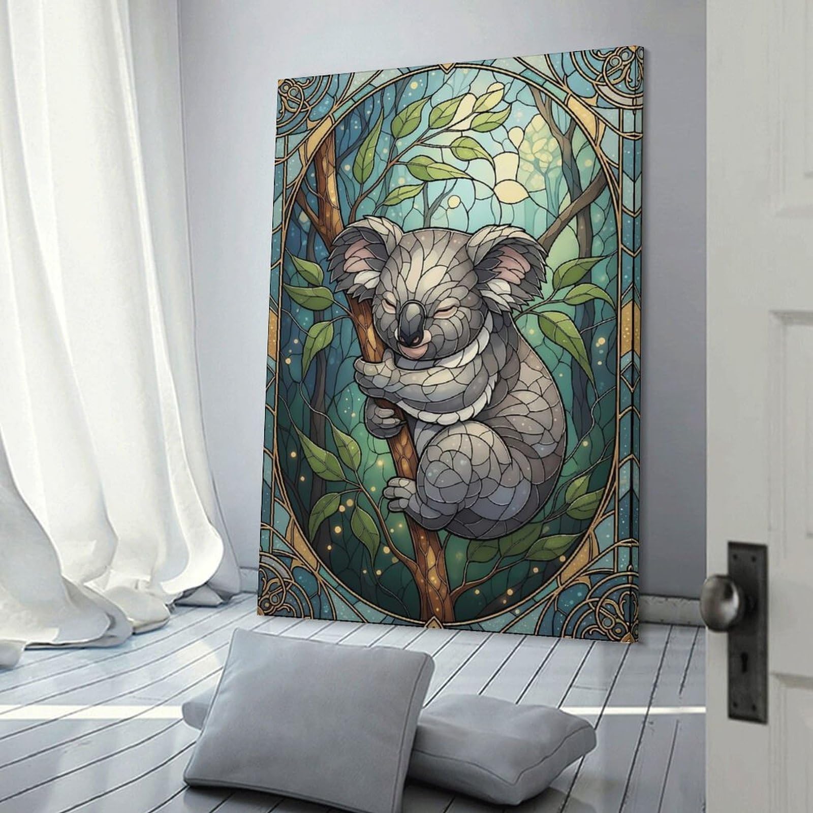 Junmoney Koala Stained Glass Illustration Canvas Wall Decor, 16x24inch(40x60cm), for Gallery Wall Decor And Room Displays, Wall Decor Suited to Curated Displays