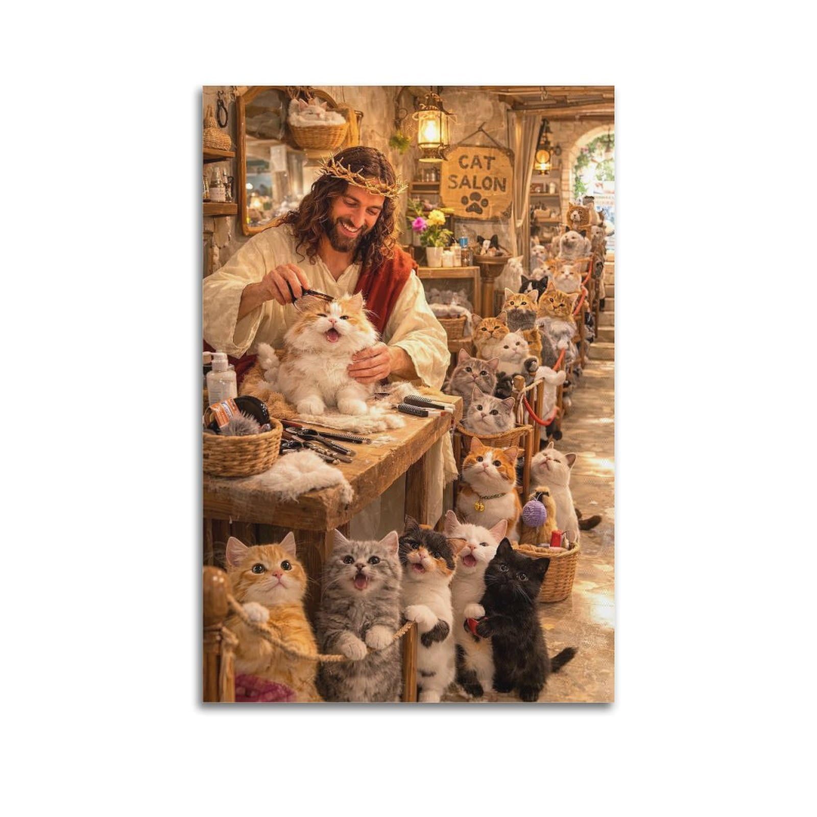 OKAHYS Vintage Jesus And The Kitten Cats Poster Decorative Painting Canvas Wall Artworks Picture 20x30inch(50x75cm)