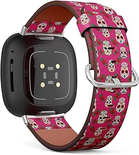 CJBROES Replacement Leather Watch Band, Compatible with Fitbit Versa 3 and Fitbit Sense of Wristband Bracelet Accessory - Sugar Skulls