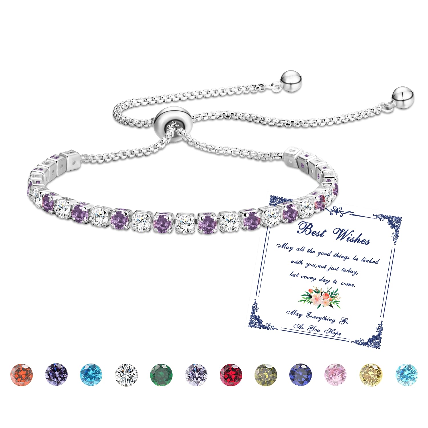 Esmoly Bracciale Donna Argento Bracciale Tennis con 12 Colori di Pietre Natali e 5A Sparkle Zircone Regolabile Regalo Compleanno Donna Ragazza