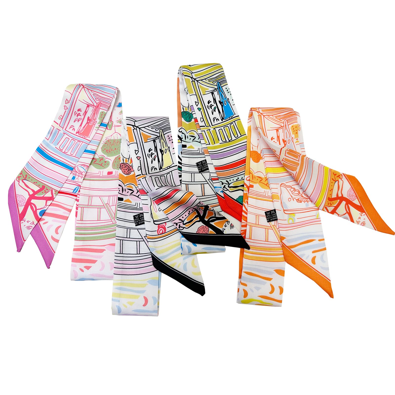 4pcs Purse Scarf Fashion Handbag Handle Ribbon Lightweight Scarf Head Hair Ribbon Skinny Scarf For Women, Graffiti, Medium