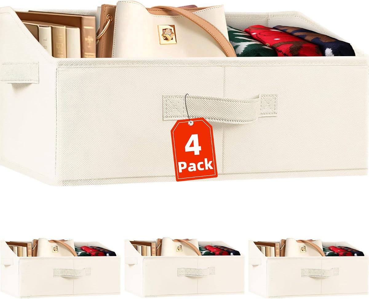 Closet Organizers Bins 4 Pack - Large Closet Shelf Organizer with Handles - Fabric Trapezoid Home Organization and Storage Baskets for Organizing Clothes Toy Blanket Towel Purse Hats
