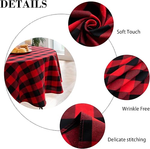 Miniatura 5 de Mantel redondo a cuadros rojos y negros de 48 pulgadas, impermeable y resistente a las manchas, mantel a cuadros para cocina, comedor, interior y