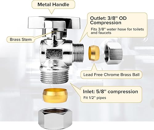 Miniatura 2 de Válvula de cierre de inodoro Válvula de parada angular fregadero de acero inoxidable, entrada de compresión de 58 pulgadas (12 pulgada nominal),