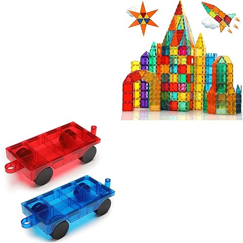 OugerToy Juego de 64 azulejos magnéticos + 2 autos magnéticos