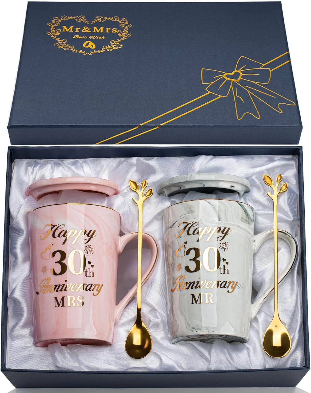 30th Anniversary Wedding Gifts, Pearl Anniversary Wedding Gift 2PCS Happy 30th Weddin-g Anniversar-y Mr Mrs Gift Marble Ceramic Cup Set 14oz, 30t-h Anniversar-y Couple Gifts for Parents, with Giftbox