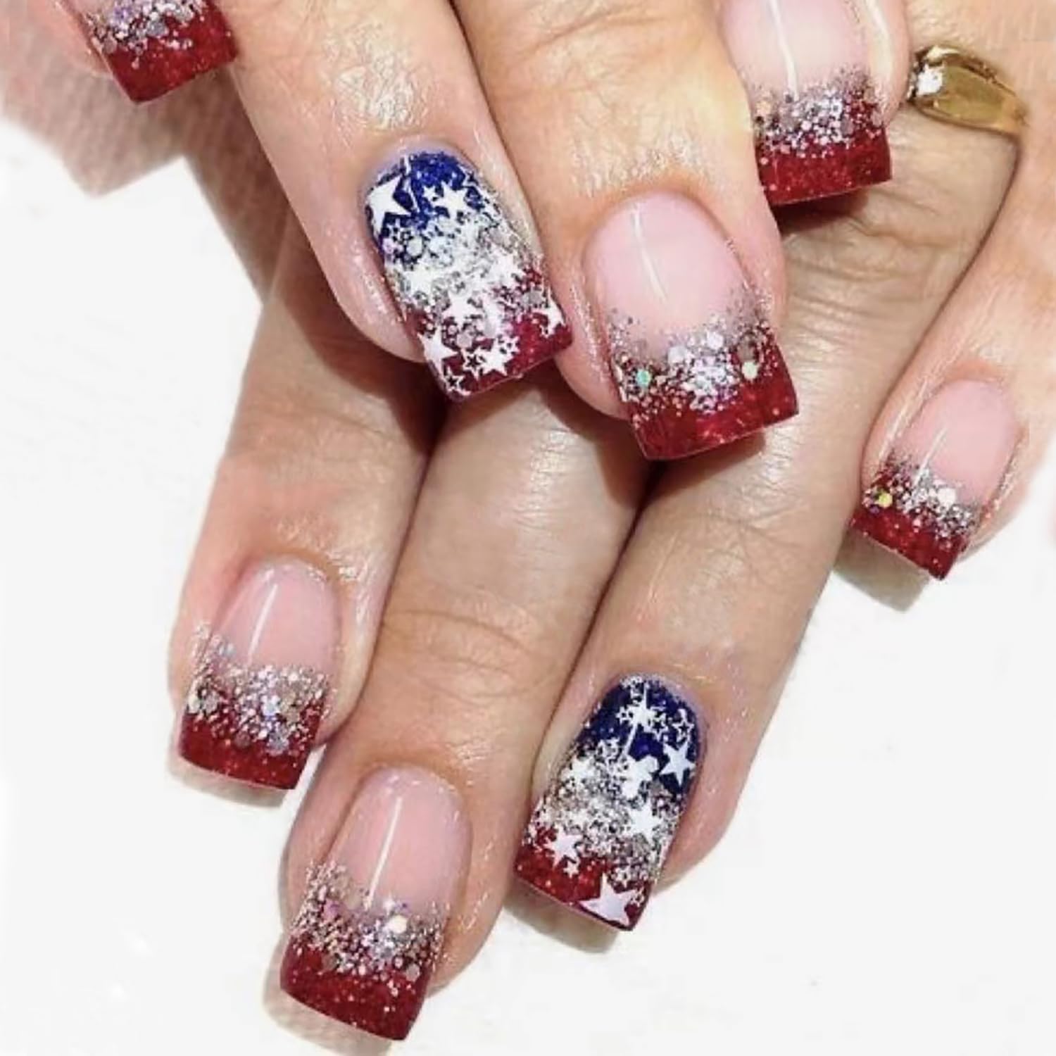 24Pcs Independence Day Press on Nails Short Square Nails French Tip Fake Nails with Glitter Designs 4th of July Acrylic Nails Red Blue Star Stick on