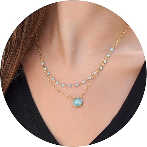 ABSHEL Aquamarine Layering Necklace for Women, Premium Layered Gold Necklaces - 