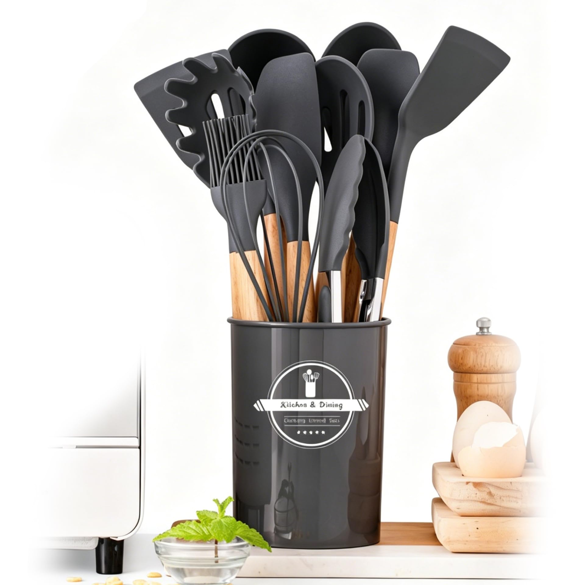 Silicone Kitchen Utensils Set 12-Piece, Heat Resistant, BPA Free, Wooden Handles & Storage Bucket for Non-Stick Cookware, Baking & Cooking (Black)