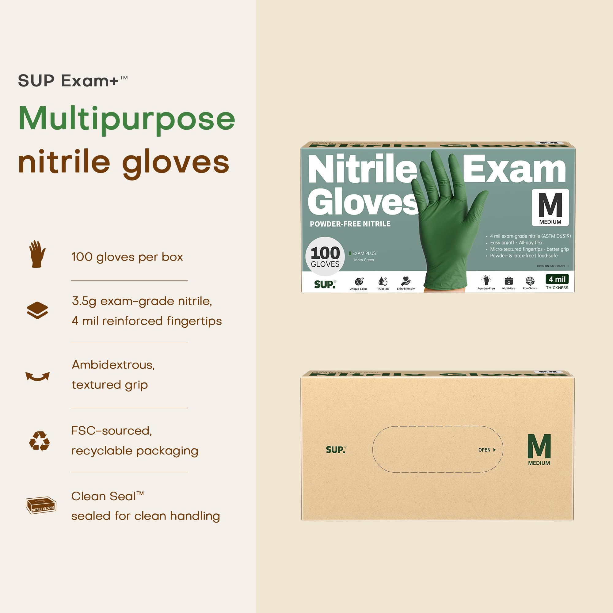 SUP Guanti da esame in nitrile, senza talco, senza lattice, per uso alimentare, chimico, per cucinare, puliti, usa e getta, colore verde muschio, 100 carati (medio)