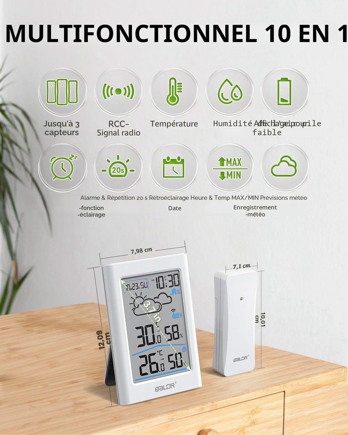 BALDR Station météo sans fil avec capteur extérieur, horloge radio numérique DCF, thermomètre hygromètre d'intérieur et extérieur, pour prévisions météorologiques, écran de 3,7'', crème