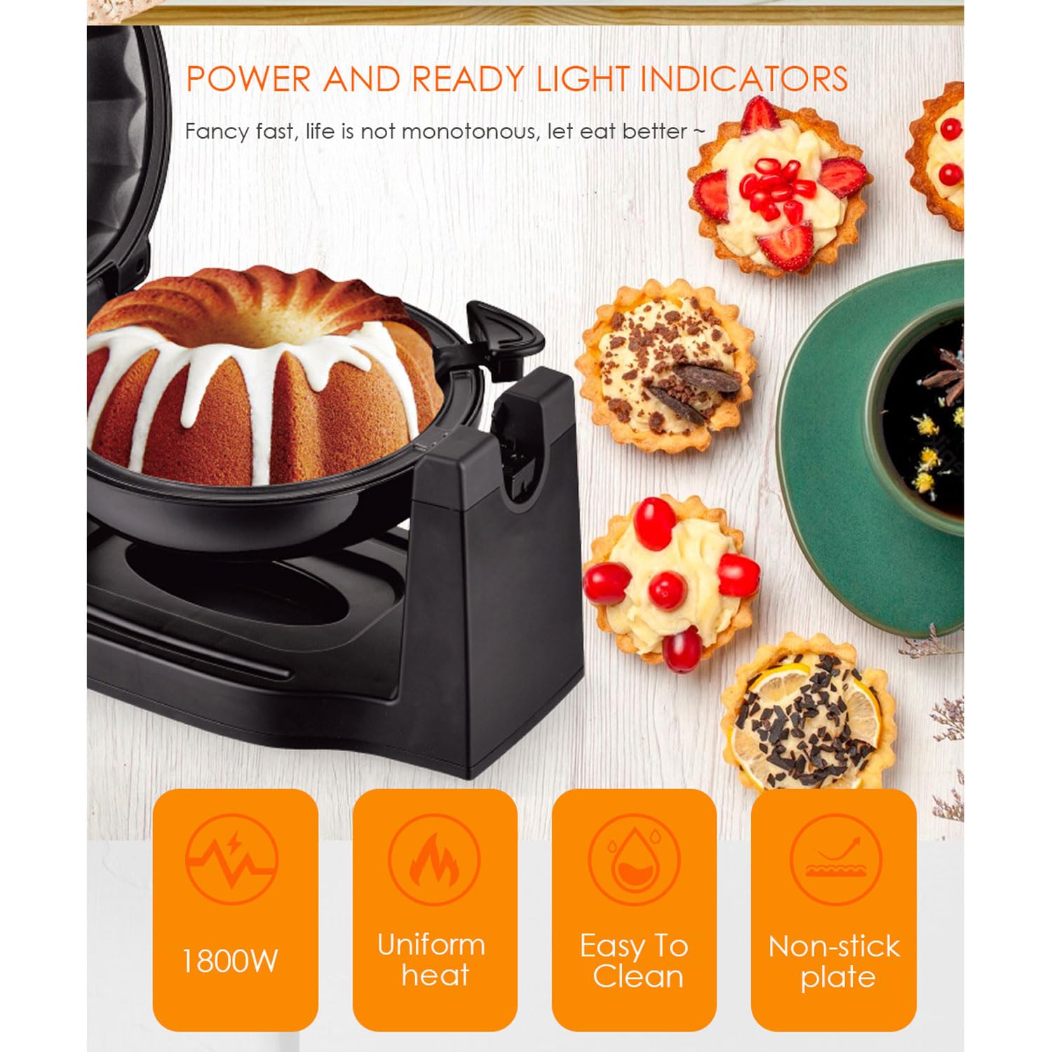 MINI-Wende-Brotmaschine, 1800 W, 360° Drehbarer Kuchen-Waffelautomat Für Zu Hause Mit Antihaftplatte, Doppelseitiger Heizung, Elektrischer Backform Für Frühstück, Snacks, Party