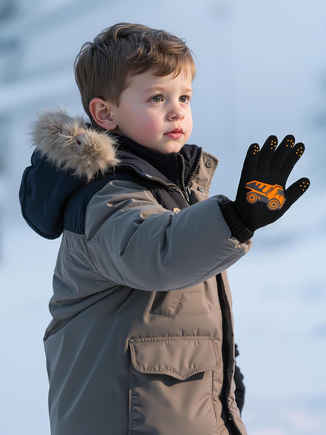 Cooraby 3 Pairs Winter Kids Gloves Warm Stretchy Knitted Truck Pattern Magic Gloves Full Finger Mittens