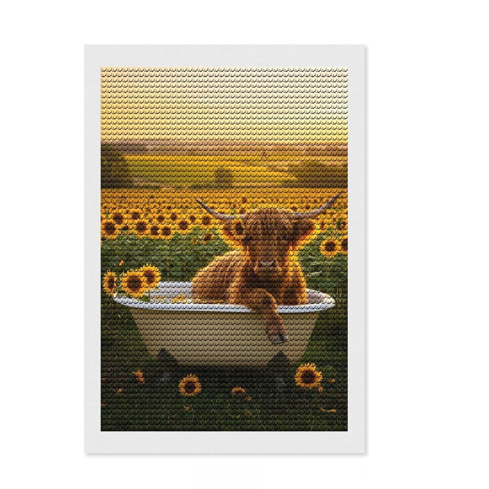 Junmoney Highland Cow in Bathtub with Sunflowers Diamond Painting Kit 8"x12", for Women, Stress Relief Craft, Home Wall Decor, Thoughtful Handmade Gift
