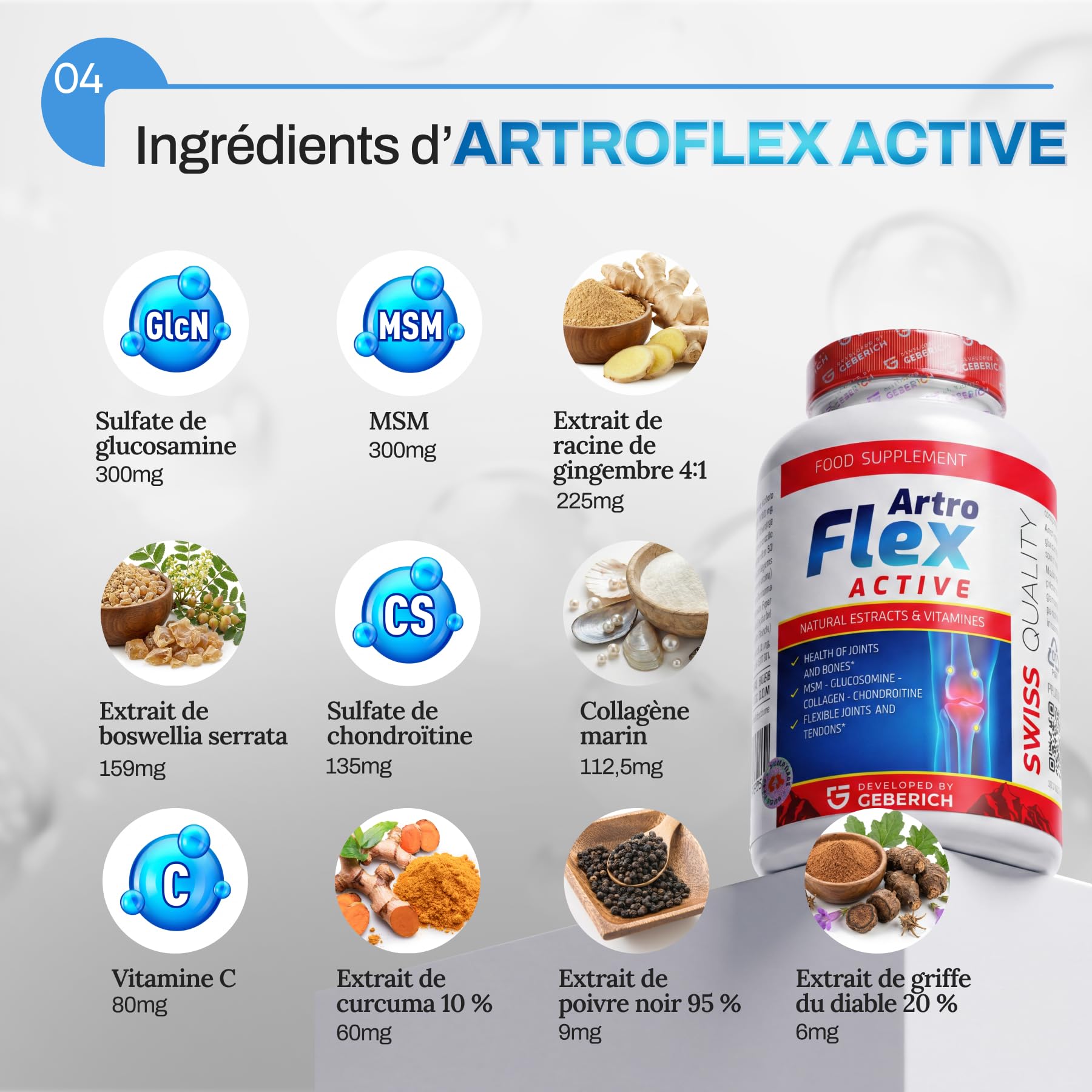 Gélules ARTROFLEX ACTIVE | Complément Alimentaire pour le Bien-être des Articulations | Avec Glucosamine, MSM, Chondroïtine, Collagène Marin, Vitamine C, Magnésium, Zinc | 30 gélules