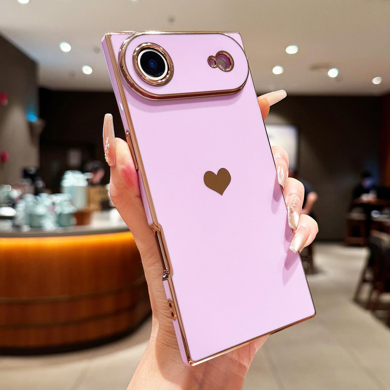 Condition photo showing New/Like New for for iphone air case rectangle for women girls cute love heart pattern luxury plating gold shockproof raised full camera lens protection cover phone case for iphone 17 air, purple