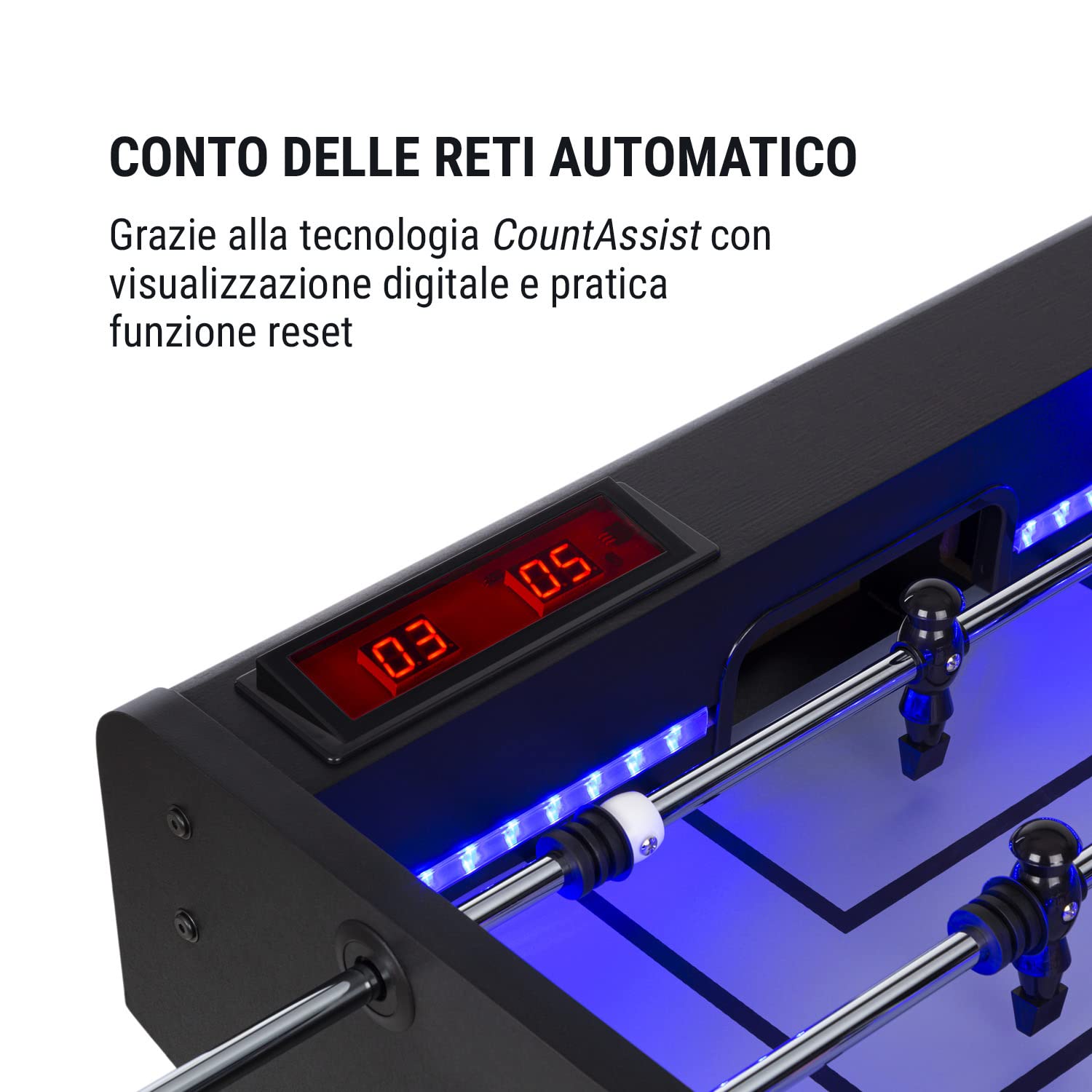 KLAR FIT Arrowhead - Calcio Balilla, Biliardino Professionale, Campo con Illuminazione LED, Segnapunti Automatico, Struttura Solida, Campo di Gioco: 117x68 cm, Aste Cave di Acciaio Inox