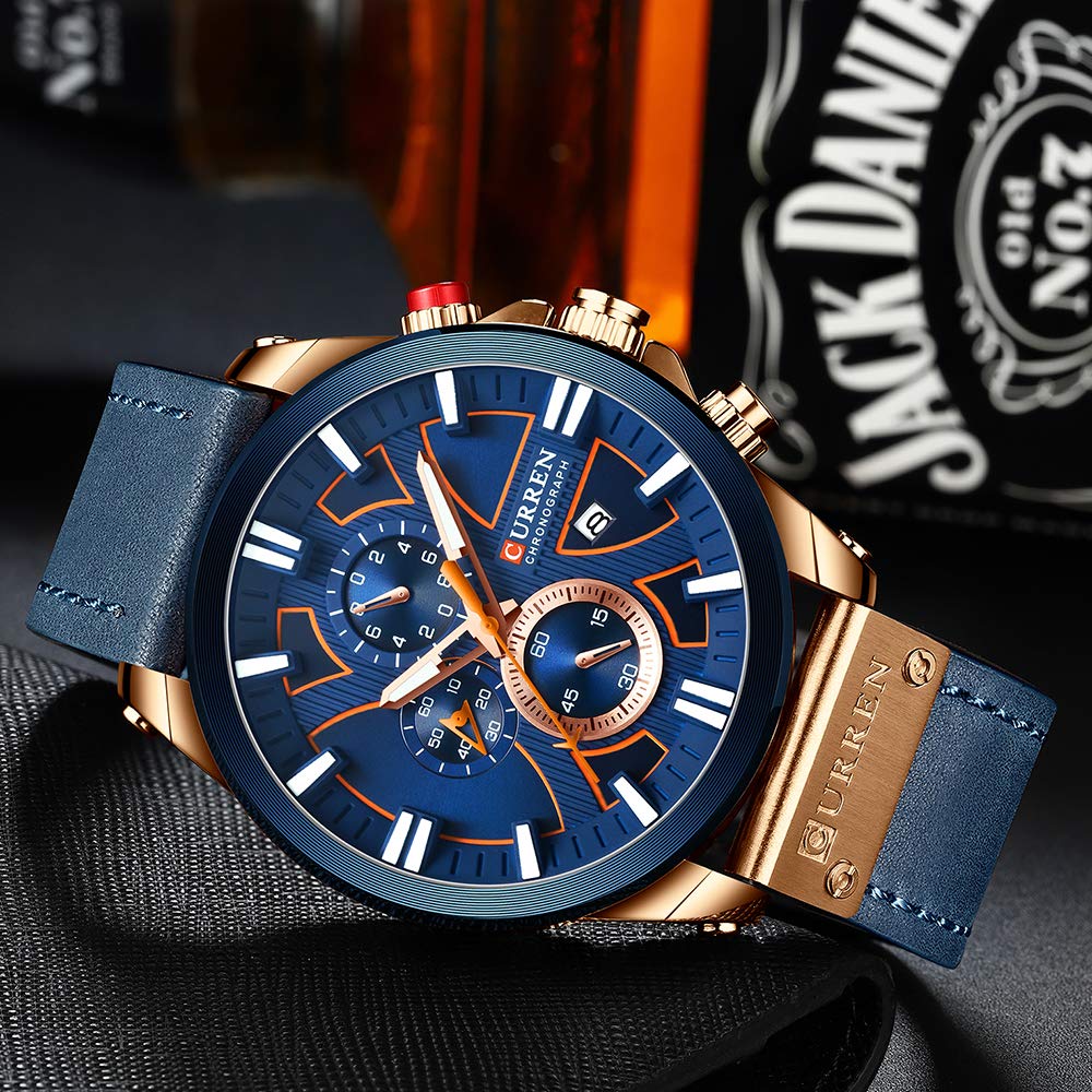 CURREN Mens Watches Chronograph Big Dial Male Watch Wrist Leather Waterproof Sport Army Military (rose gold blue)