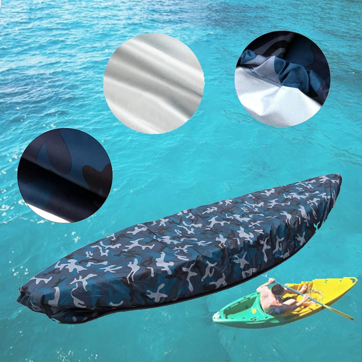 J&C Kayak Covers for Outdoor Storage Waterproof Canoe Cover Dust Proof Fits for 10ft 12ft 13ft 14ft 15 16 17 18 19 ft 200D Polyester Anti Sunlight (13.4-14.8ft /4.1-4.5m, Ocean Camouflage)