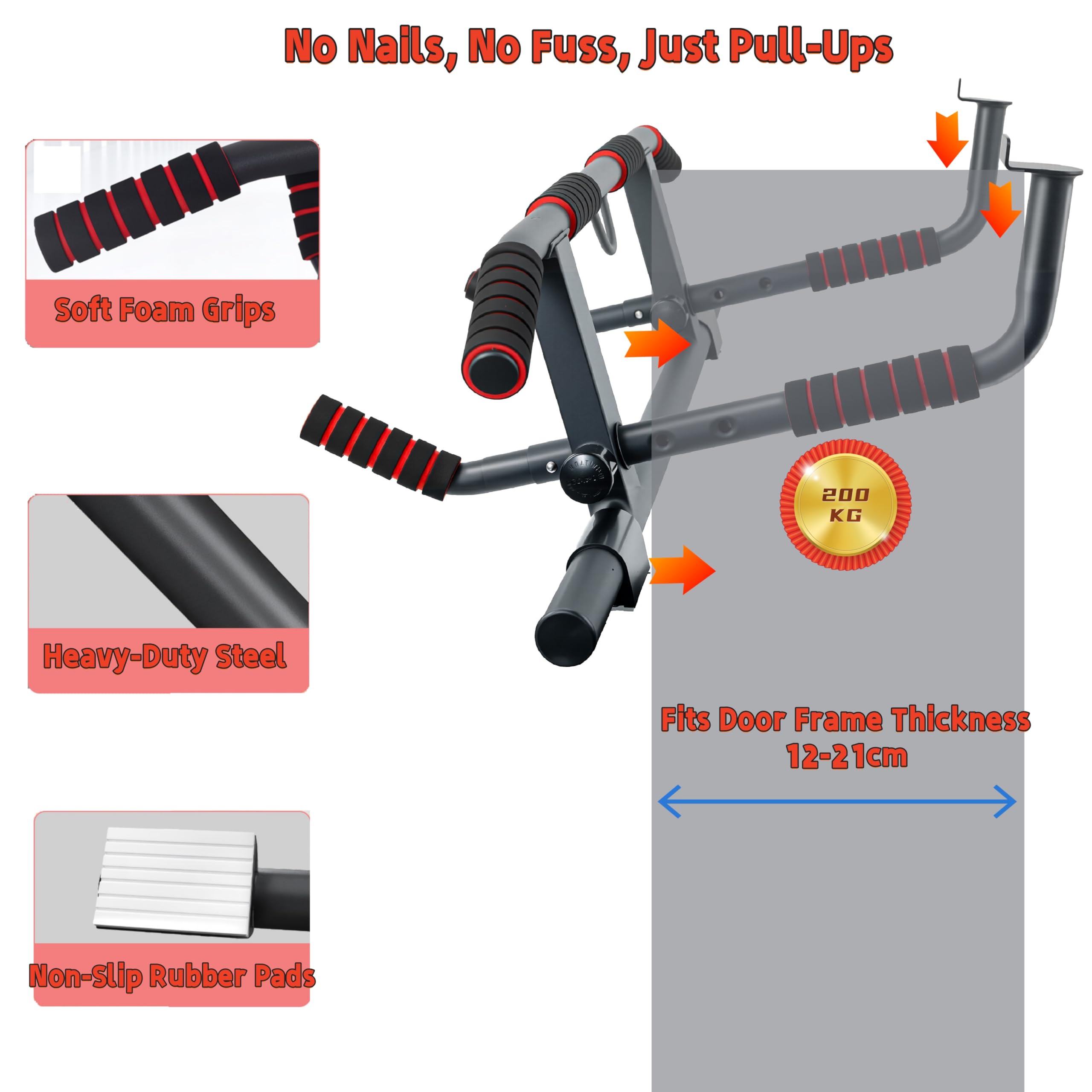 Pull-up Bar Zonder Boren RHINOSPORT Optrekstang Voor Deurkozijn - Geen Schroeven Nodig | Tot 200 Kg | Verstelbaar 69-92 Cm | Met Pull-Up Bar Optrekstang 200 Kg
