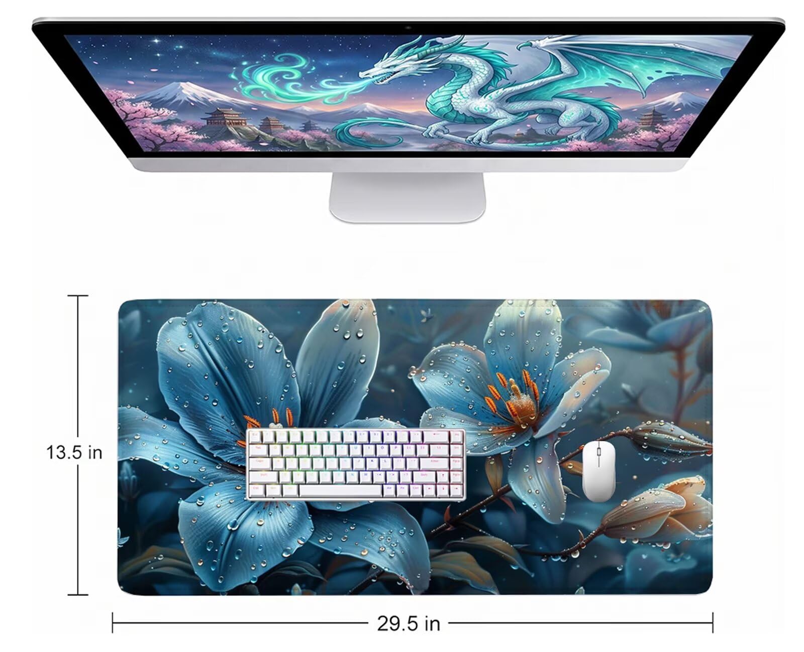 Tappetino Mouse Giglio Tappetino Mouse XXL 150x80 cm Mouse Pad Blu Sottomano Scrivania Ufficio Grande, Mousepad Gaming Antiscivolo Impermeabile, Tappeto per Computer e Tastiera, Gamer, Regalo W6-765