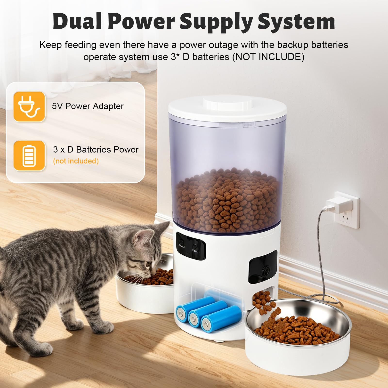 Podazz Comedero automático para gatos con doble cuenco, capacidad de 5 litros, 2 cámaras, WiFi, para 2 gatos o perros pequeños, control de aplicación de 2,4 GHz y 5 GHz, 20 comidas al día, porciones