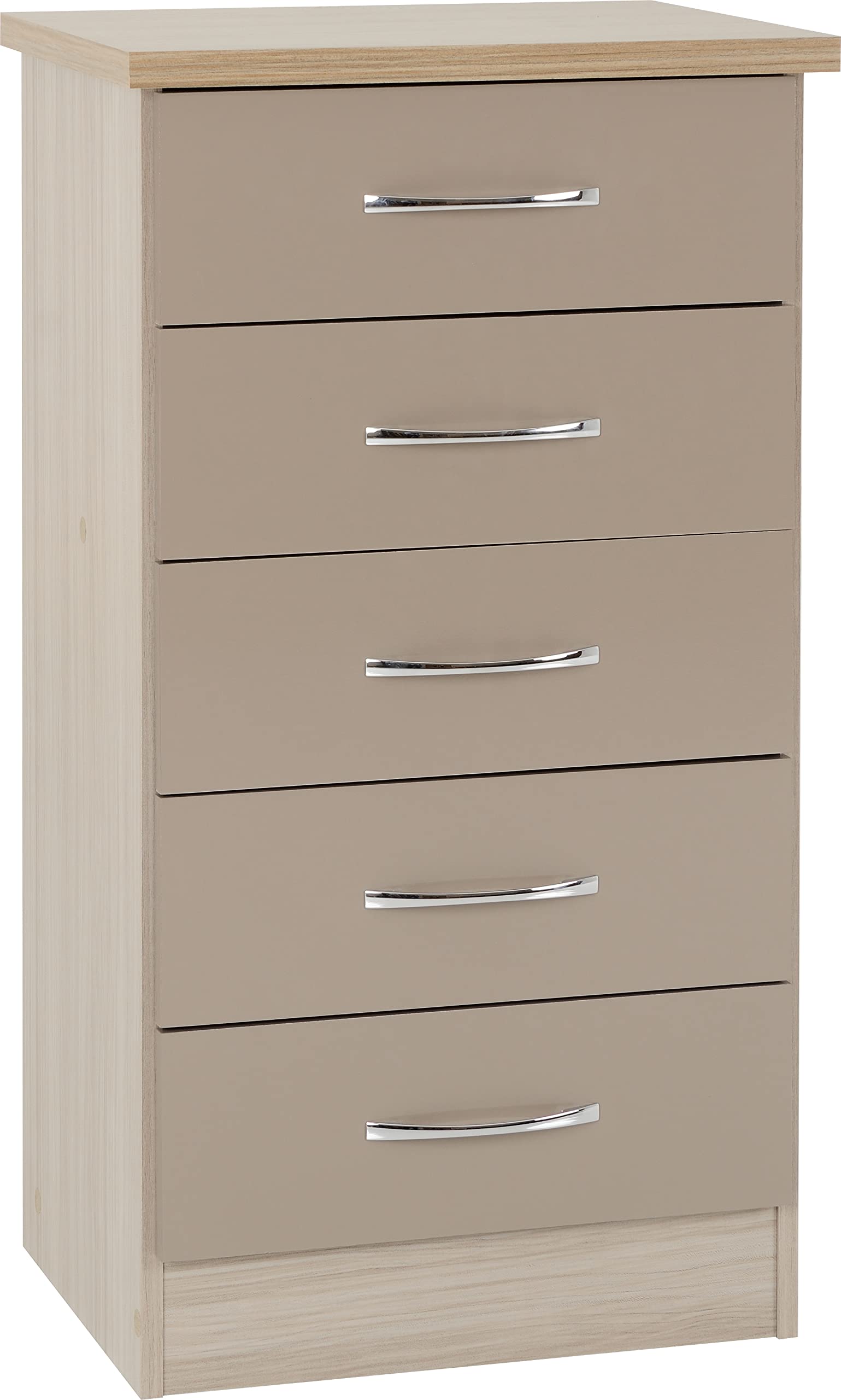 Seconique Nevada 5 Drawer Narrow Chest in Oyster Gloss/Light Oak Effect Veneer