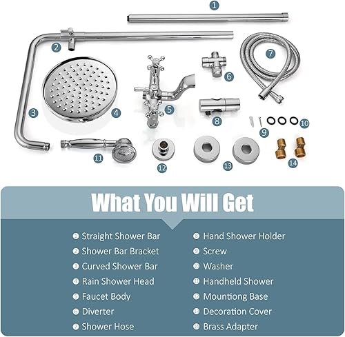 Miniatura 9 de Aolemi Juego de grifo de ducha expuesto cromado pulido de 8 pulgadas, cabezal de lluvia de mano, boquilla de ducha, 2 manijas cruzadas, montaje en