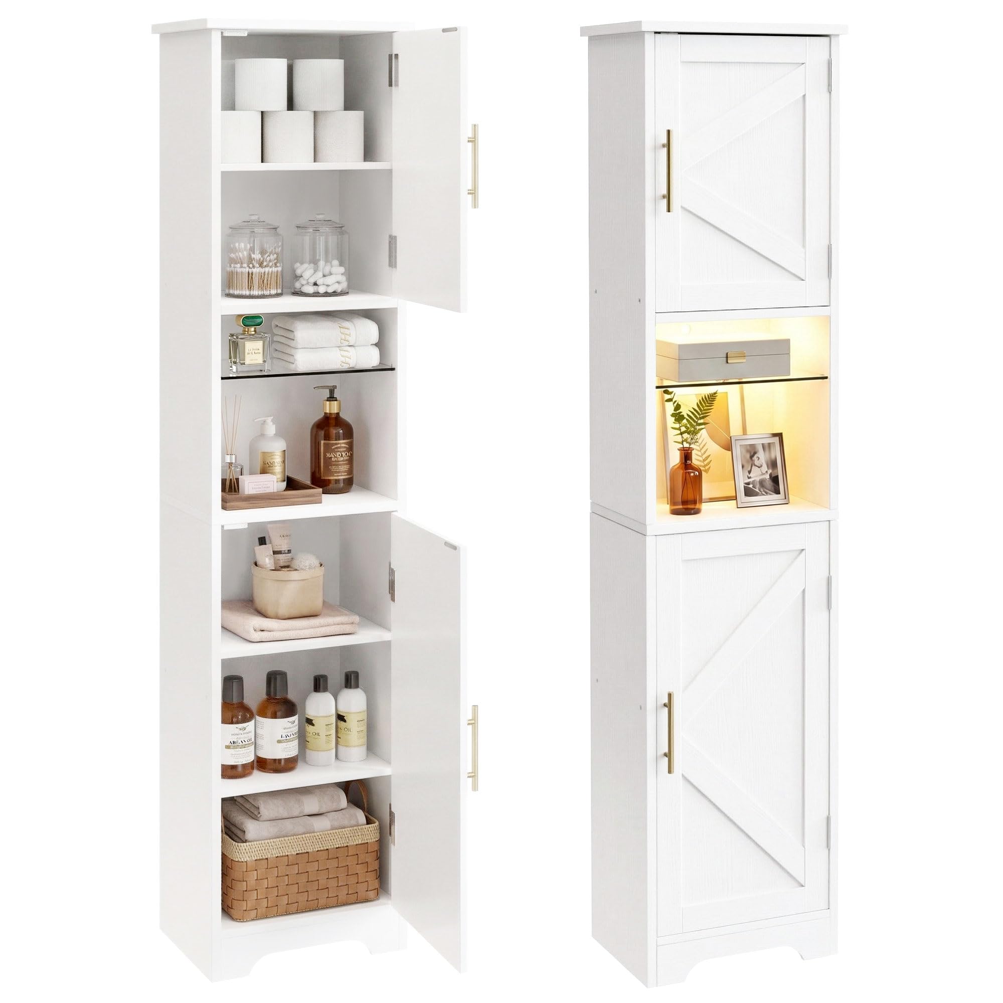 Armario Baño Estrecho con LED, 170x40x30 cm, Mueble Baño Madera, Estantería Nicho con Estantes Cristal Regulables, Armario Alto Multifuncional para Salón, Dormitorio y Baño