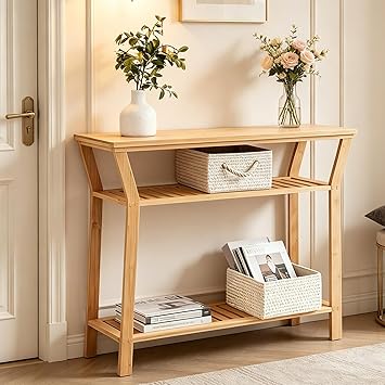 Nnewvante Bamboo Console Table, 38.6" Entryway Table with Storage, Display Table, Narrow Sofa Table for Entryway, Living Room, Foyer