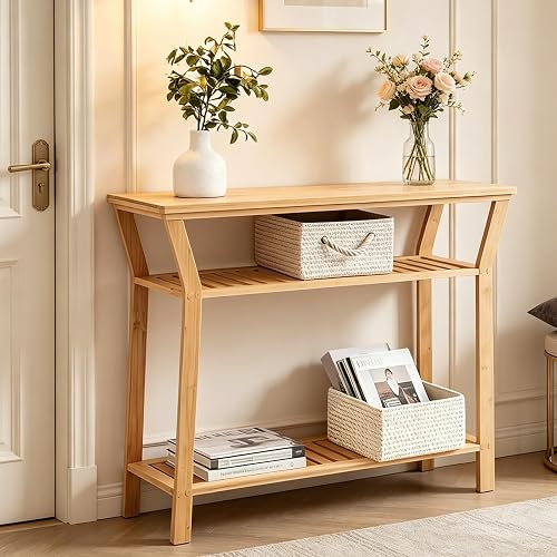 Nnewvante Bamboo Console Table, 38.6" Entryway Table with Storage, Display Table, Narrow Sofa Table for Entryway, Living Room, Foyer