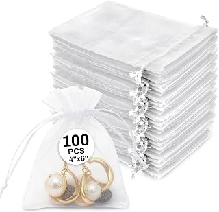 Sukh 100PCS Organza Bags - 4x6 Small Organza Sachet Jewelry Gift Favor Drawstring Mesh Bags for Valentines, Wedding, Eid Mubarak, Halloween, Christmas, New Year Parties - White