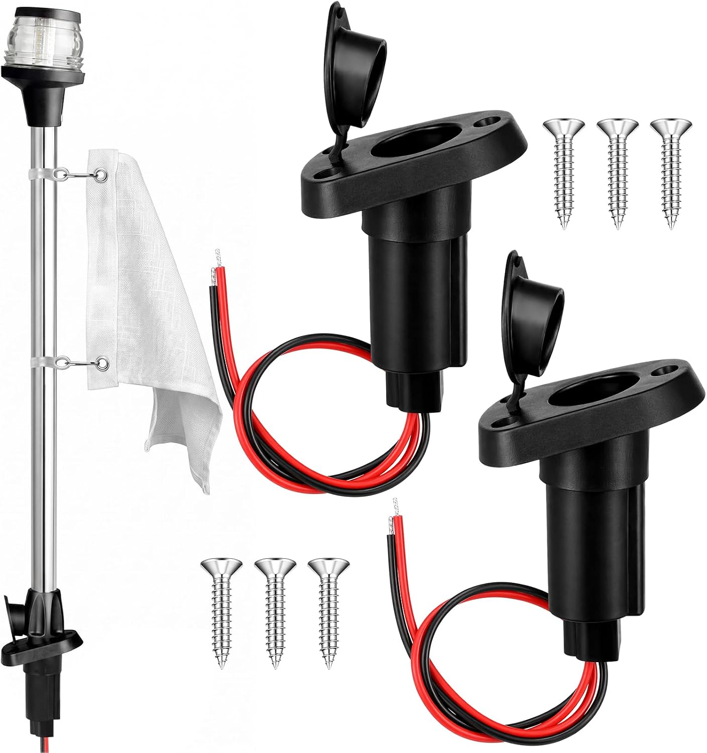 Lewtemi 2 Pack Boat Stern Lights Socket 2-pin Yacht Anchor Light Socket - Black Nylon Waterproof 12-24v Dc Base for 24" LED Navigation Pole