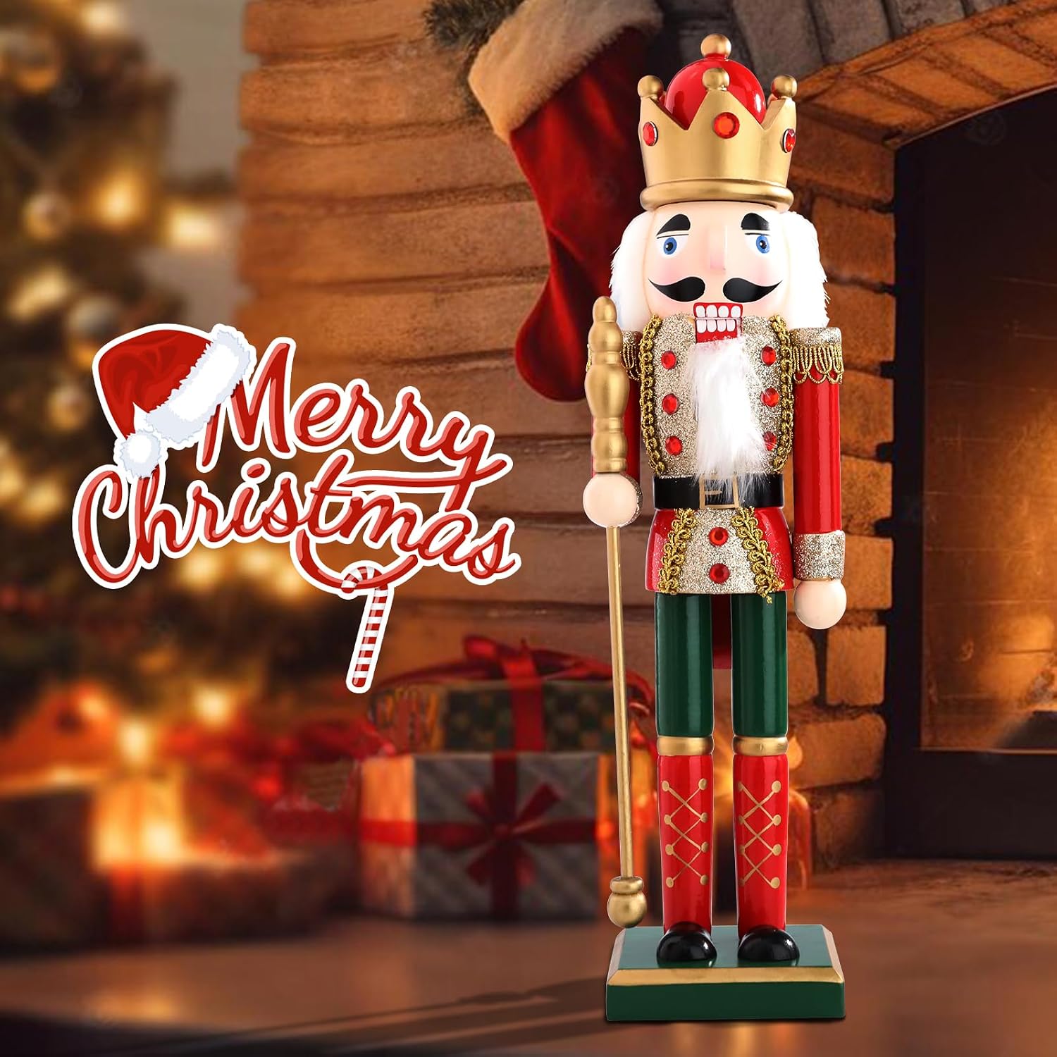 MUMTOP 15 Inch Nutcracker Christmas Decorations, Wooden Nutcracker Figures Ornament Christmas Nutcracker King Decorations for Table Desktop Fireplace Indoor Home Winter, Red