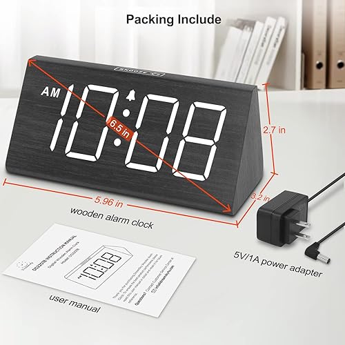 Miniatura 22 de DreamSky Reloj despertador digital de madera para dormitorios, reloj de escritorio eléctrico con números grandes, puerto USB, alarma fuerte