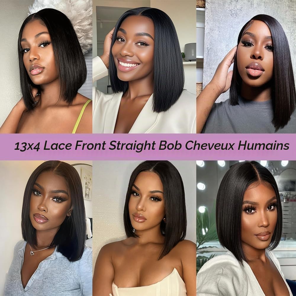 Perruque Bresilienn Cheveux Humain 13×4 Lace Frontal Bob Wig 180% Density Perruque Femme Naturelle Courte Straight Bob Lace Wig Human Hair Couleur Naturelle 14 Pouces for Women