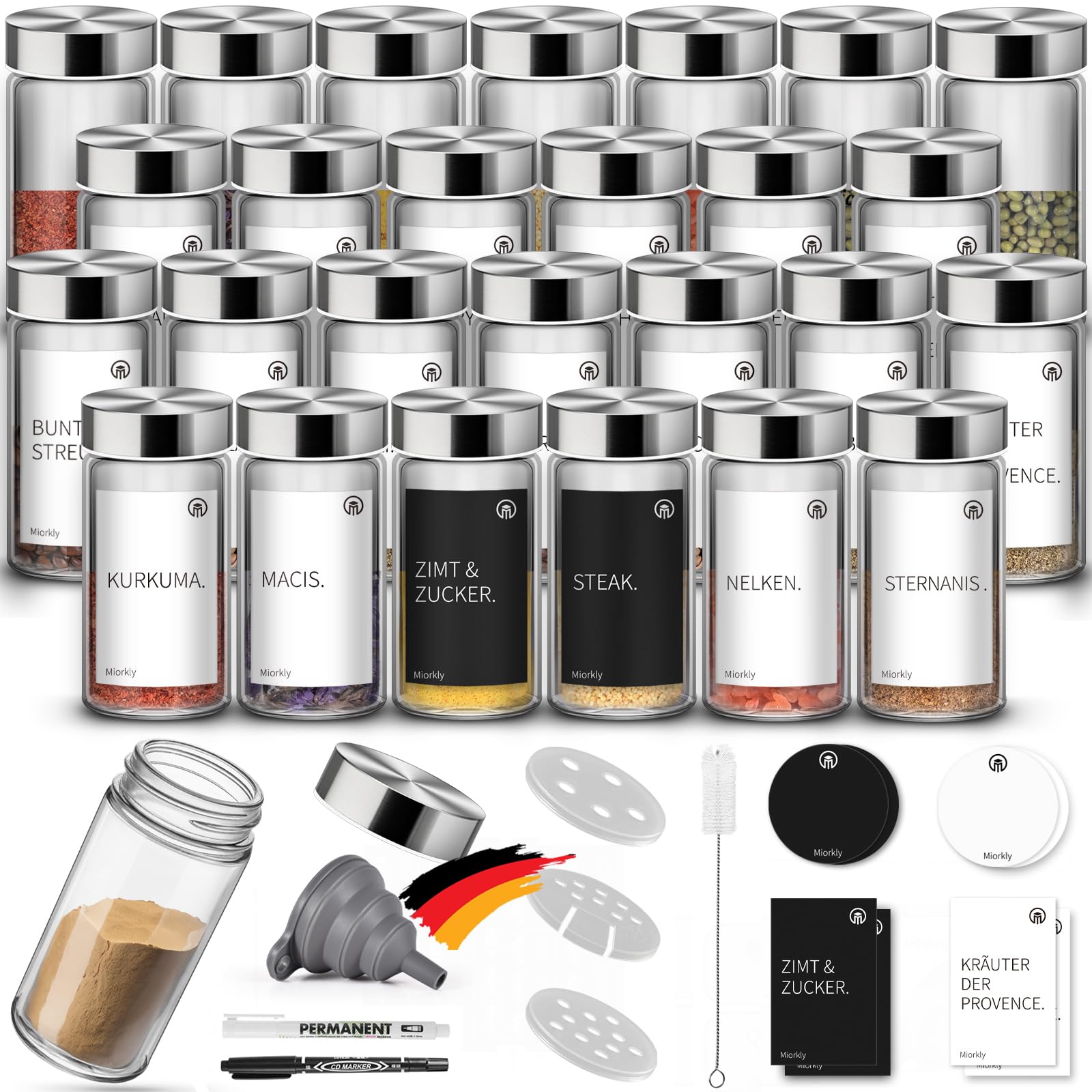 Miorkly 30 Pots à éPices en Acier Inoxydable De Qualité SupéRieure avec Couvercles, Pots Ronds, Contenants à éPices Transparents, Pots à éPices, Pots à éPices à éTiquettes Rondes